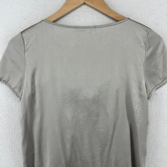 CHAIKEN PROFILE Top 0 XS Stretch Silk Satin Pleated Cap Sleeve Gray Silver USA - Picture 4 of 14